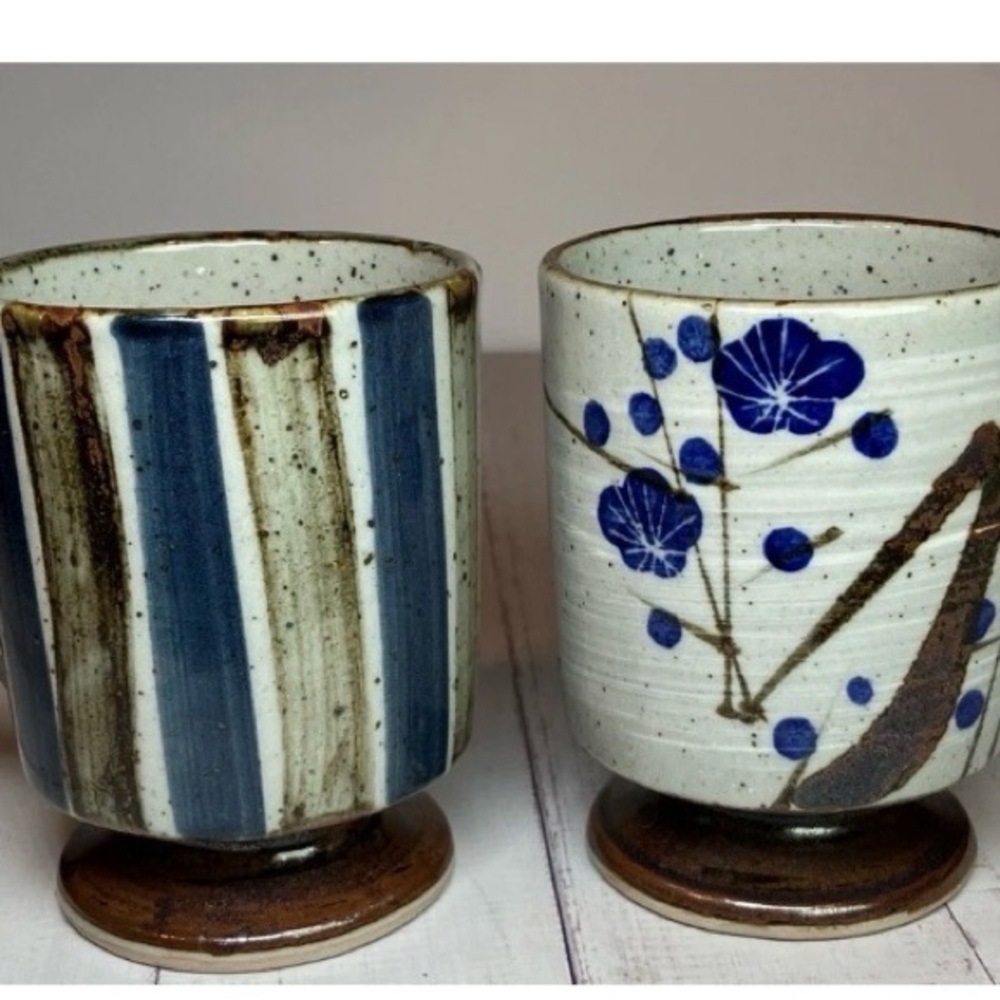 Vintage Stoneware Coffee Mugs 2 Set Blue Floral Striped Japanese Otagiri Style